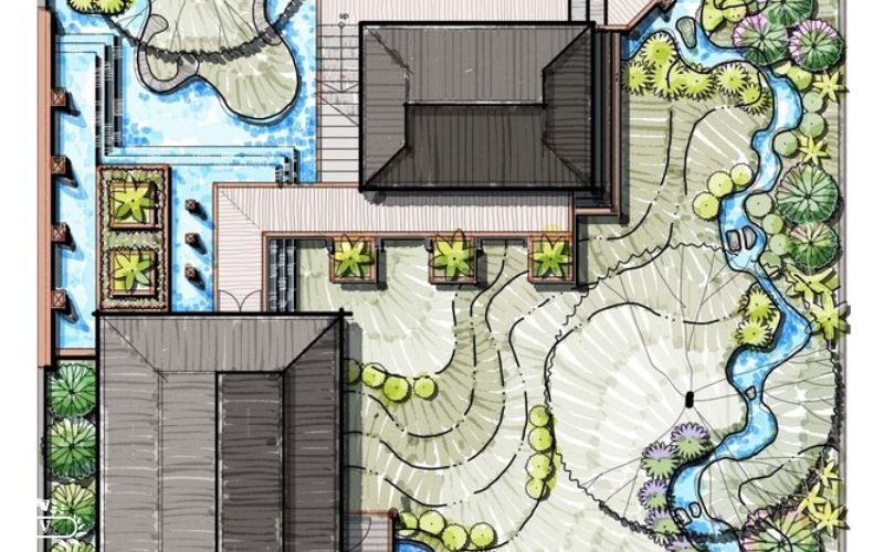 طراحی پلان محوطه سازی حیاط ویلا با کمترین هزینه 